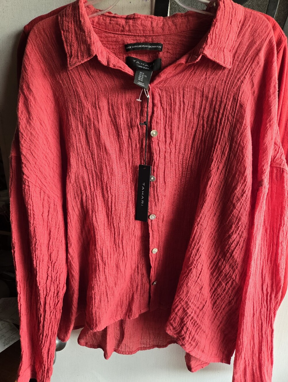 Tahari Coral Button-Front Textured Linen Blouse NWT